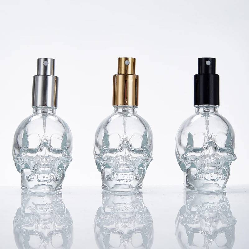 Unique Design 50ml 2oz Empty Clear Glass Perfume Bottle Skull Shape Refillable Cosmetic Perfume Fine Mist Spray Glass Bottles