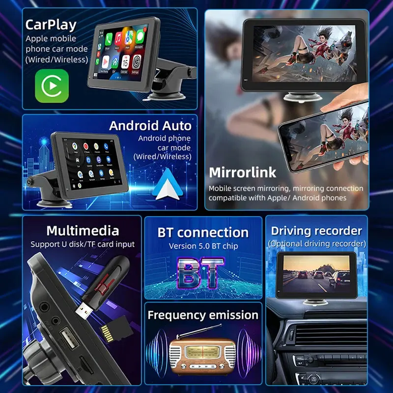 7 Inch Carplay Monitor Touch Screen Universal Portable Wireless Android Auto Wifi Car Play Radio Stereo DVD Player For bmw truck