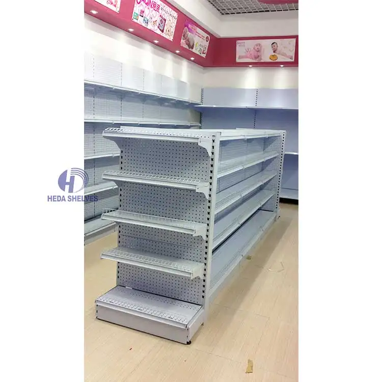 Customized general store products Double-side supermarket gondola shelves with wire mesh backboard