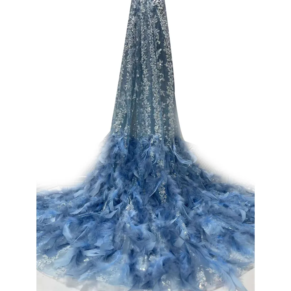 Beautifical 2022 latest feather lace fabrics for lady evening party sequin fabrics luxury embroidery dress fabrics ML44N839