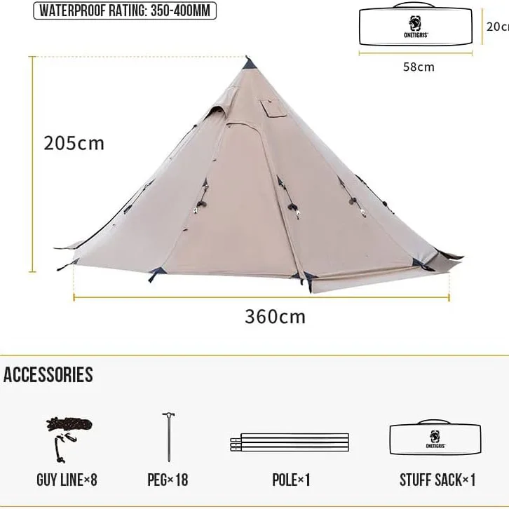 Canvas Hot Tent with Stove Jack, Wind-Proof Fire-Retardant, Durable 4 Season Camping Pyramid Teepee Tent for 2~4 Person