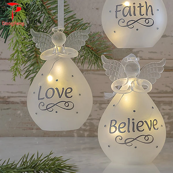 Wholesale Christmas Decoration Glass Angel Crystal White Glass Christmas Angel Ornament with LED Light
