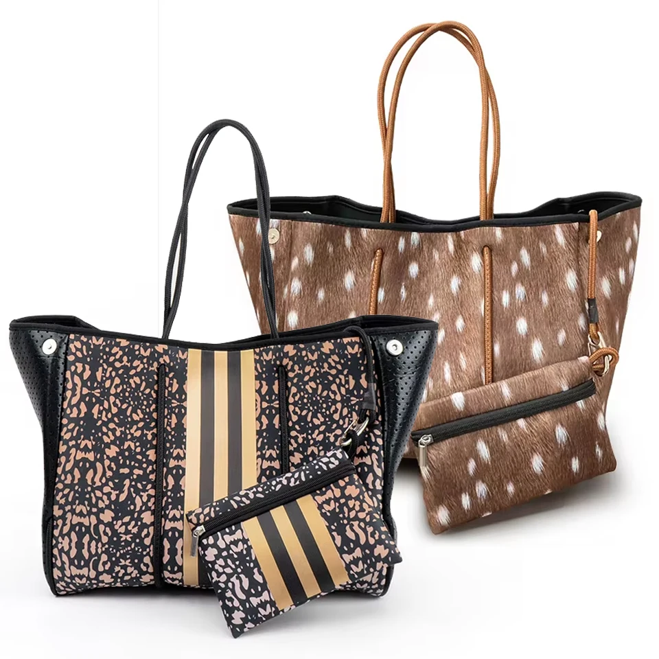 Custom printed logo Deer Animal Perforated Carrying Sea Neoprene Beach Tote Bag Handbag Summer Neoprene Bags For Women