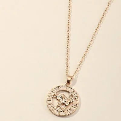 
Fashion Jewelry 12 Zodiac Image Sign Solid Golden Coin Pendant Necklace Chain Link Necklaces For Women 