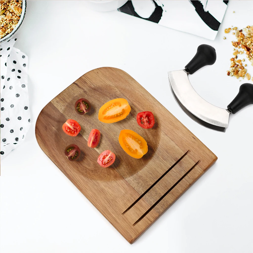 Rocker Tools Mezzaluna Knife and Cutting Board Set Wooden Chopping Board Bowl