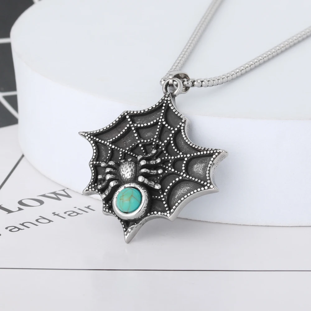 Wholesale Custom Gothic Halloween Turquoise Jewelry Punk Stainless Steel Spider Web Charm Pendant Necklace For Women Men