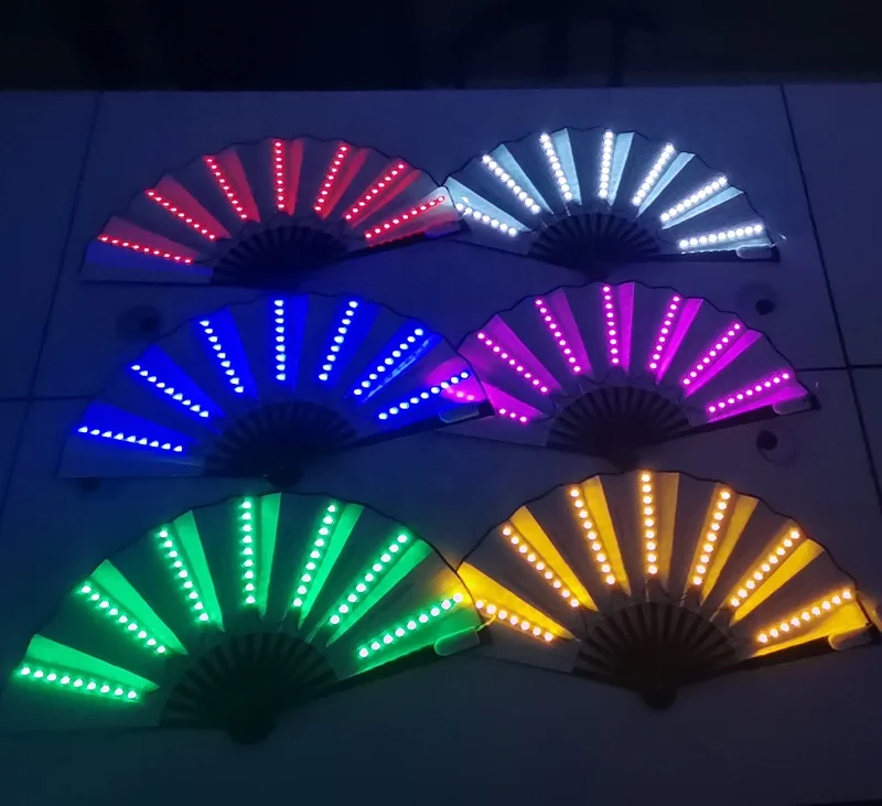 LED Glowing Colorful Chinese Bamboo Hand Held Folding Fan with 3 Different Performance Show Light Up Fan Party Dance