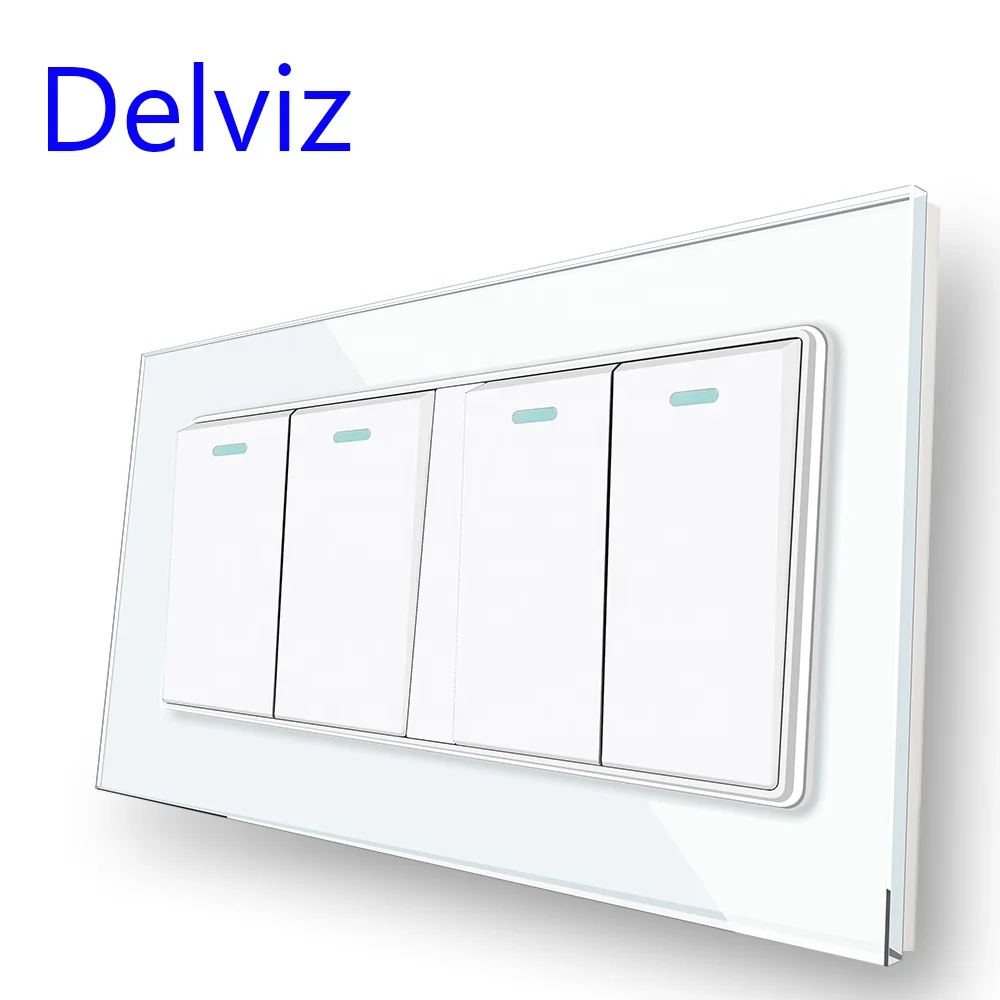 Delviz Toughened Crystal Glass Switch Panel, AC 110V~250V Square 16A Power controller, 4 Gang 2 Way Push Button Wall Lamp Switch