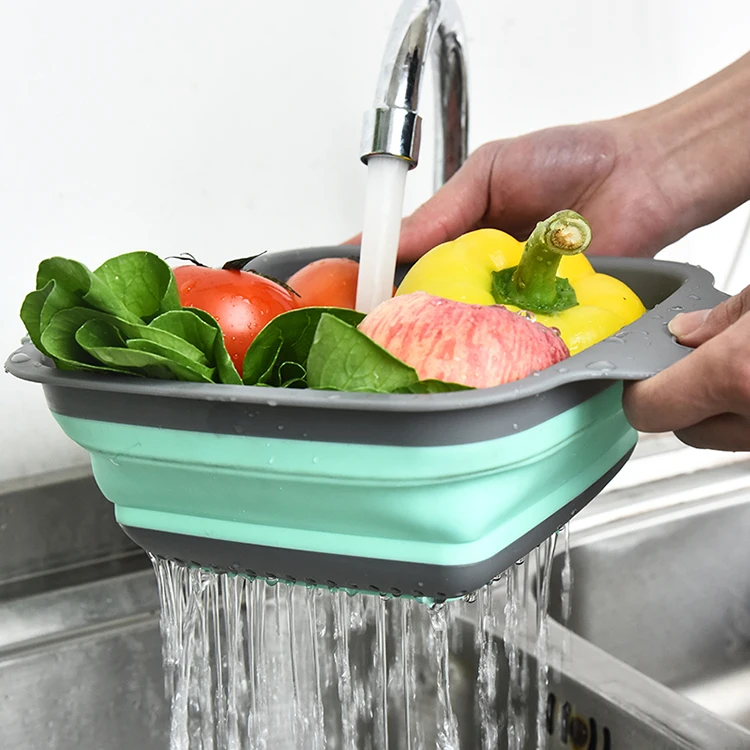 New Foldable Kitchen Mini Silicone Drain Basket Telescopic Wash Fruit Vegetable Storage Basket With Hand