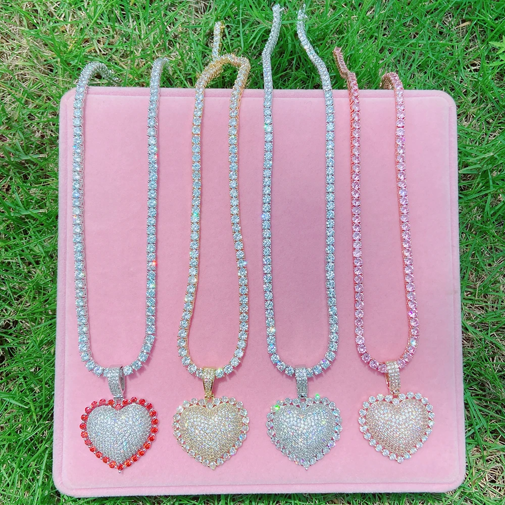 2023 new arrival jewellry18k gold pink heart shaped white gold iced tennis heart charm necklace pendants