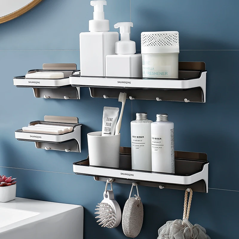 Bathroom kitchen wall mounted No drilling  plastic storage rack storage holder shelf with 4 hook wall organizer