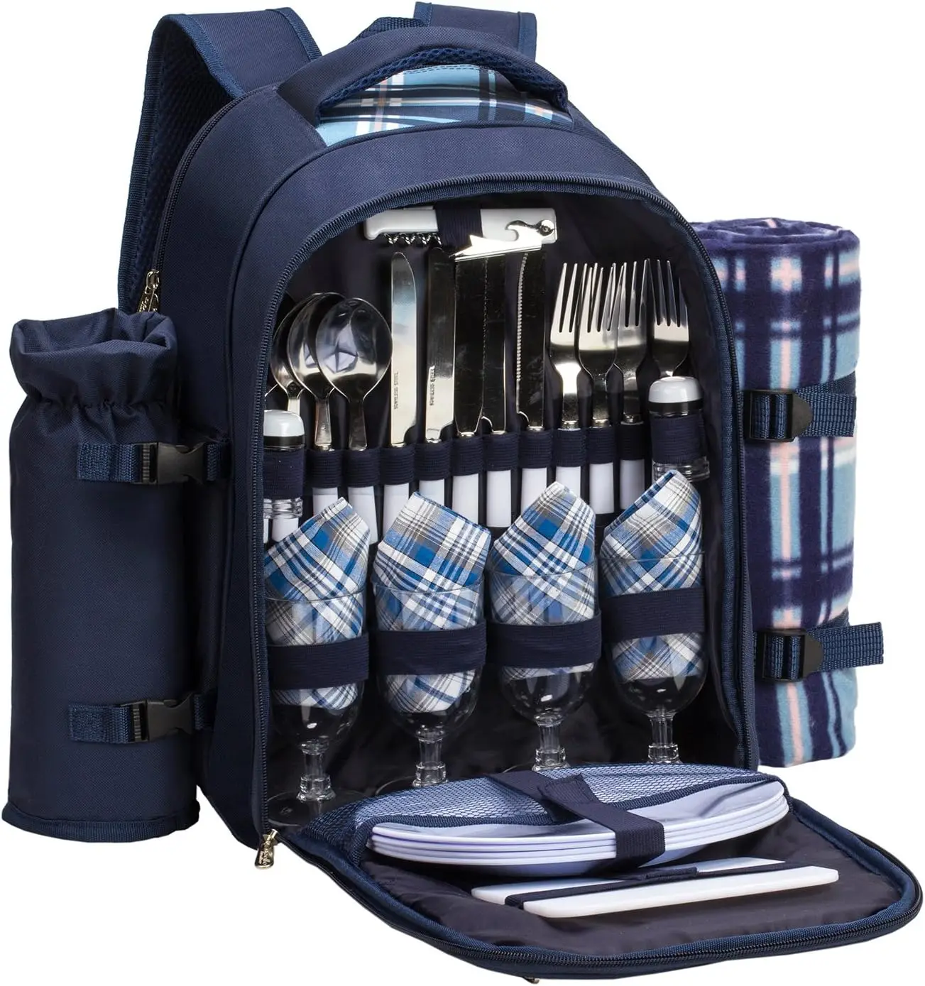 Picnic Backpack Bag for 2 Person with Cooler Compartment Detachable Bottle&Wine Holder Fleece Blanket Plates and Cutlery Bag
