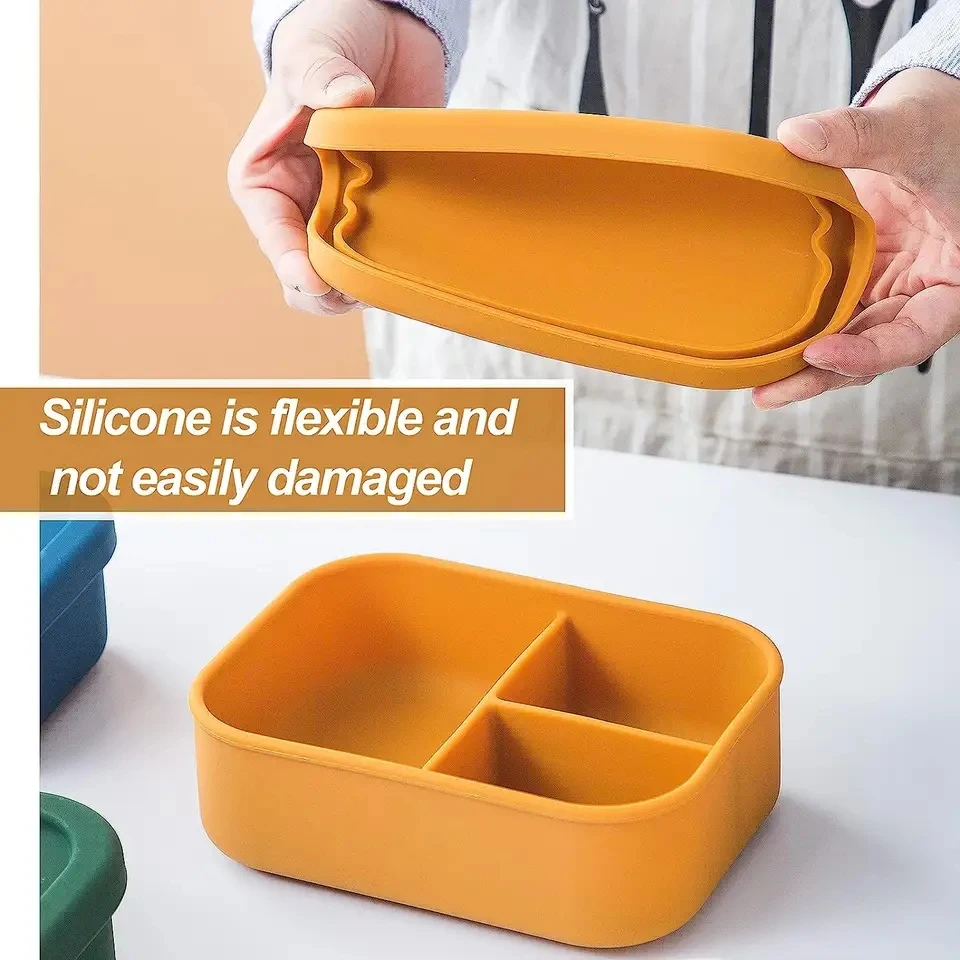 Reusable 3 Compartment School Children Kid Food Storage Silicone Bento Lunch Box