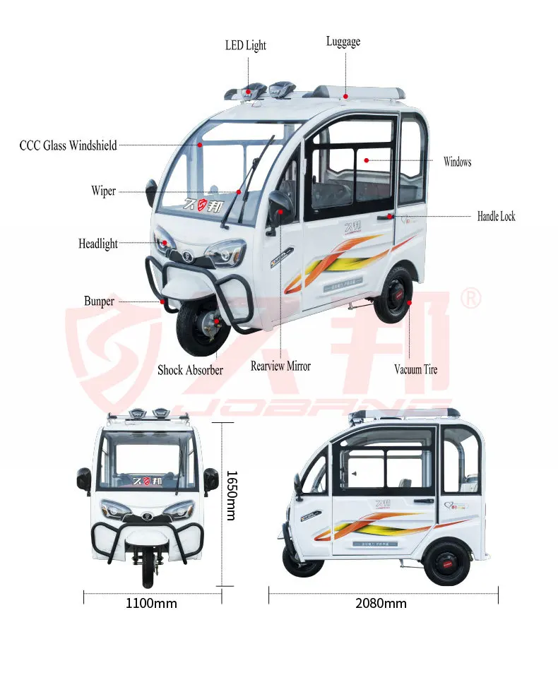 Enclosed Body Adult Electric Tricycle Solar Car for Passenger