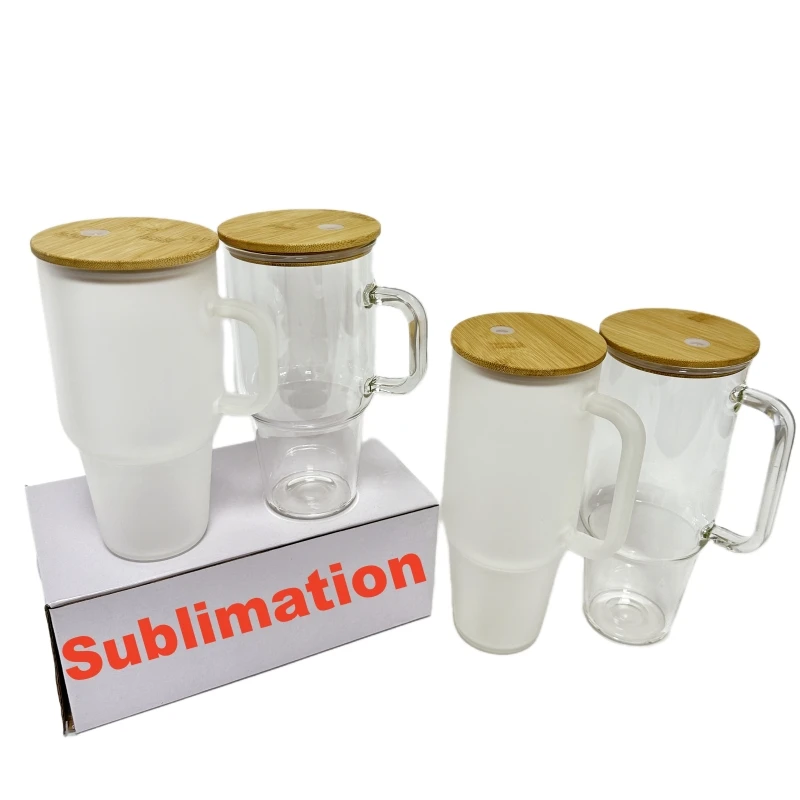 32 унции 40 унций Прозрачный матовый сублимационный стеклянный стакан с бамбуковой крышкой и соломой многоразовая стеклянная бутылка для кофе со льдом ручкой