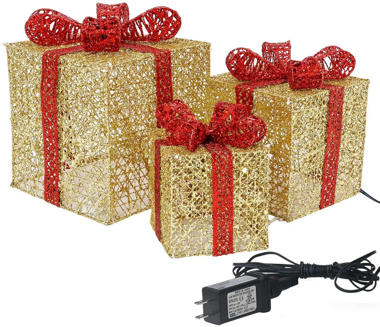 Partycool Waterproof Shrink Collapsible Outdoor Tinsel Christmas Gold Present Box Shaped Home Led Lighted Yard Road Garden Lawn