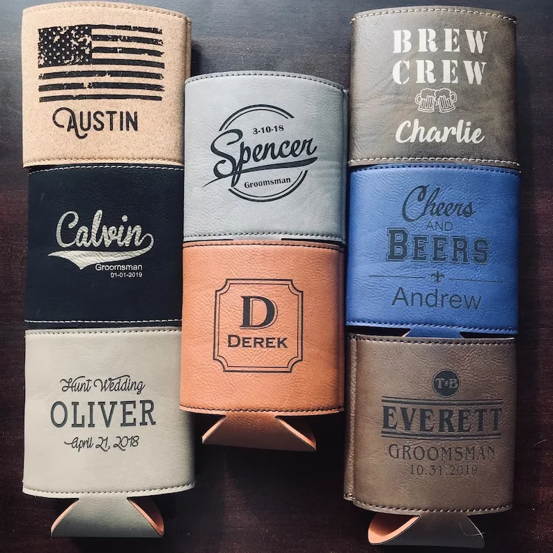 Custom logo  Luxurious  PU Leather Can,beer  cooler Holder for Groomsmen Gift