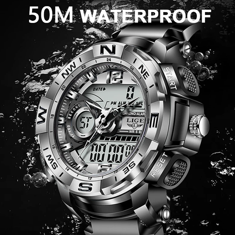 LIGE Mens Watches Waterproof Sport Stopwatch LED Digital Watch Men Big Dial Clock For Male Relogio Masculino