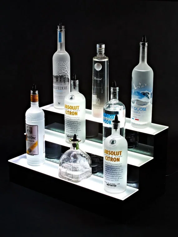 Fashion Design Custom 3 Tiers LED Lighted Acrylic Alcohol Wine Bottles Risers Display Stand Liquor Acrylic Stand Display