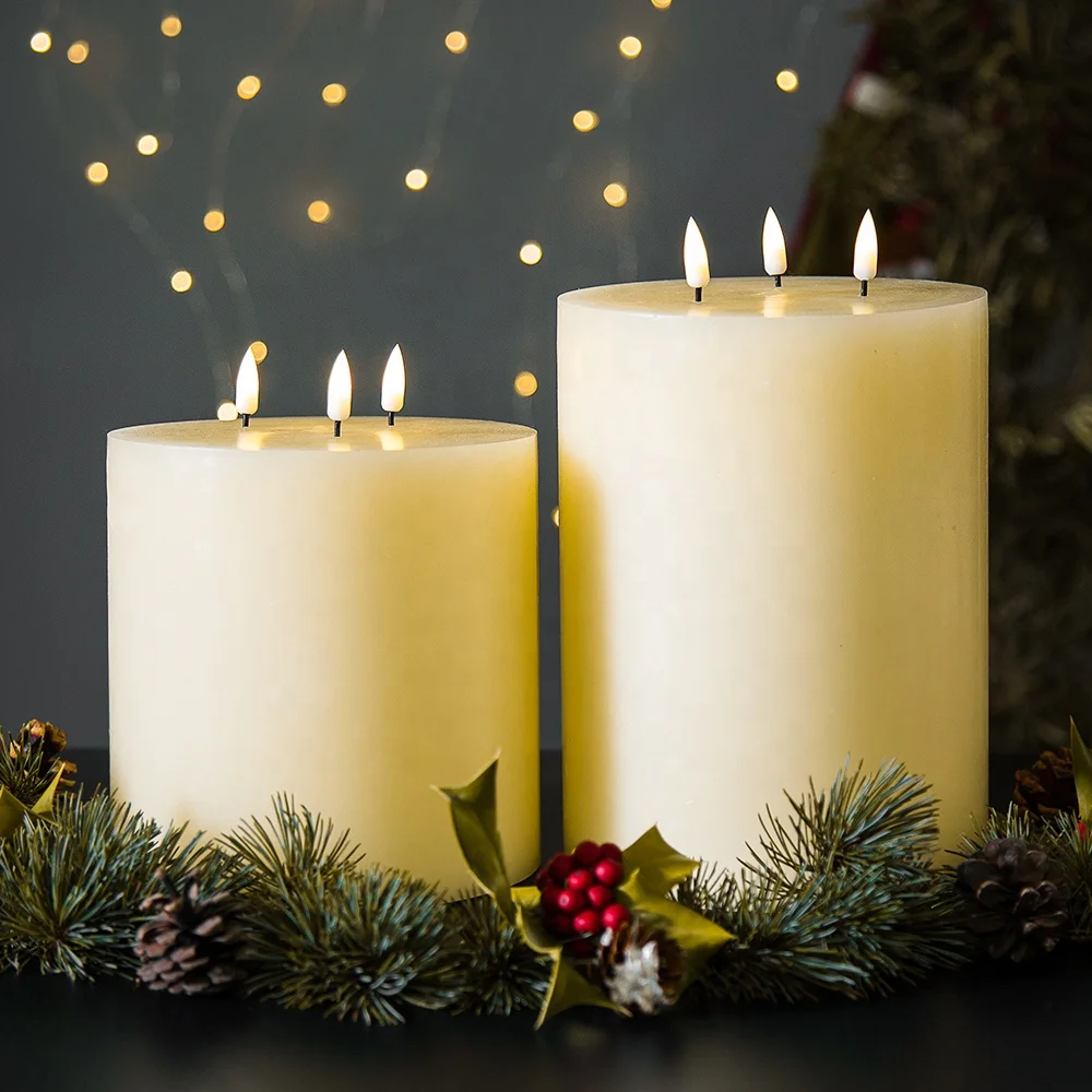 home decoration 3d smooth D15 H15  H20 pillar flat ivory paraffin wax remote Simulation timer 4 8 hours 3 flame LED candle