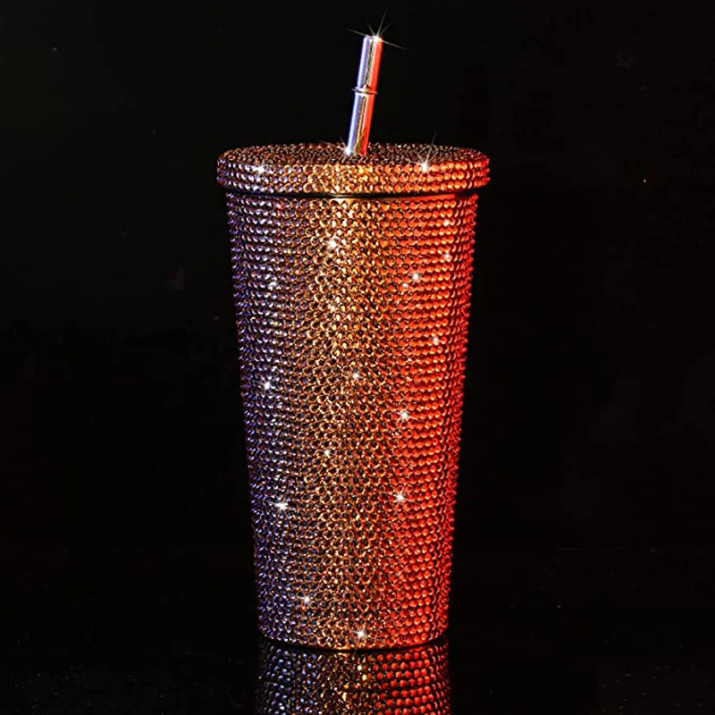 Bling Rhinestone Diamond Tumbler Glitter Water Bottle with Lid Stainless Steel Vacuum Thermal Straw  fancy vacuum tumbler