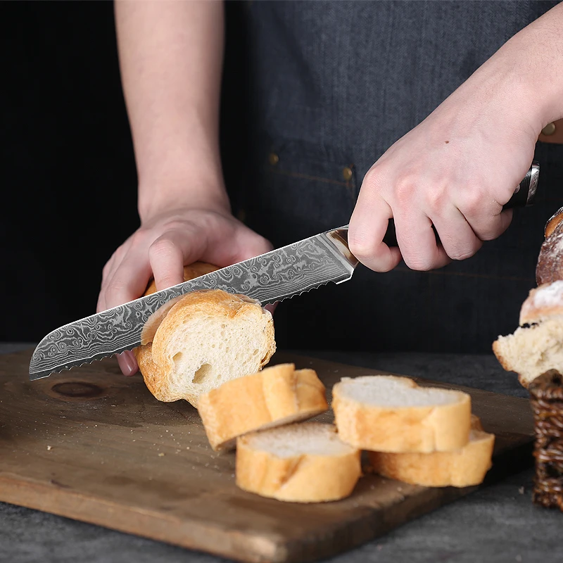 JJ 8' Damascus Bread Knife VG-10 Core Steel with G10 Handle Custom Serrated Kitchen Knife Triple Blossom