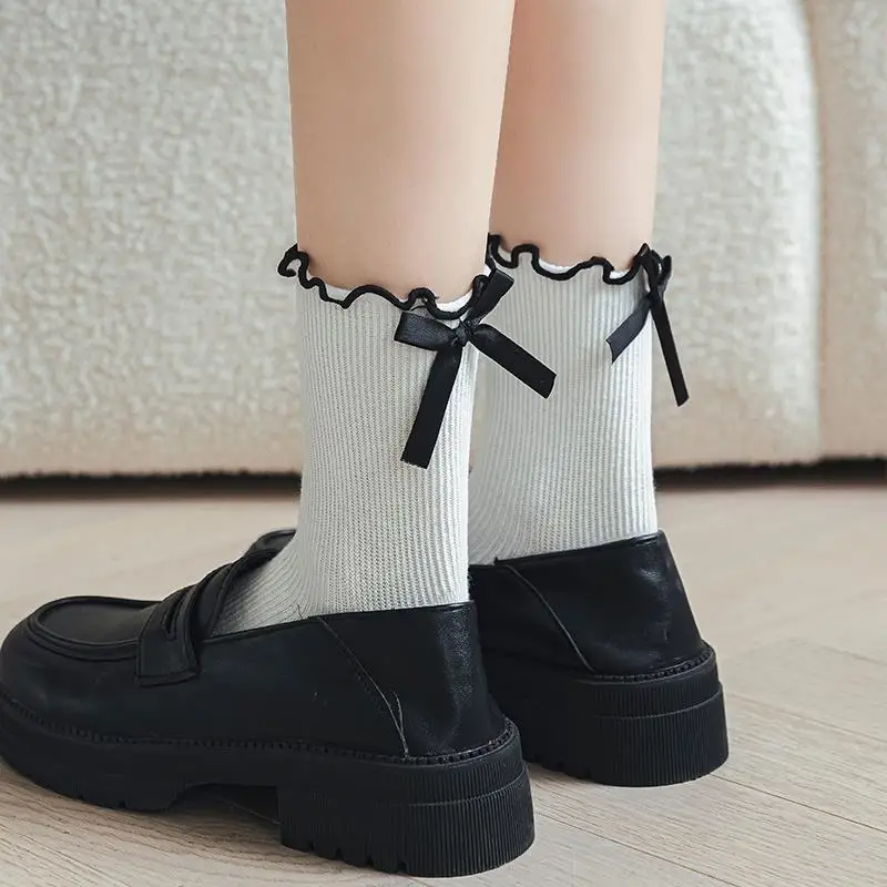 Hot Selling Lovely Stylish Ruffle Soft Cotton Girl Women Crew Socks With Bow