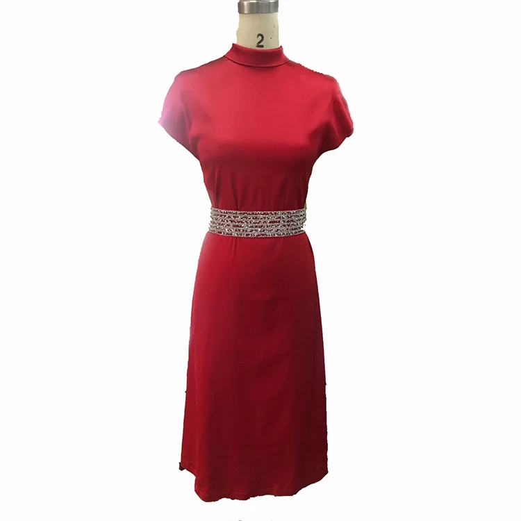 Women Evening Mother of The Bride Dresses Chaozhou Supplier High Collar Beaded Red Formal Evening Party Sleeveless Short Satin