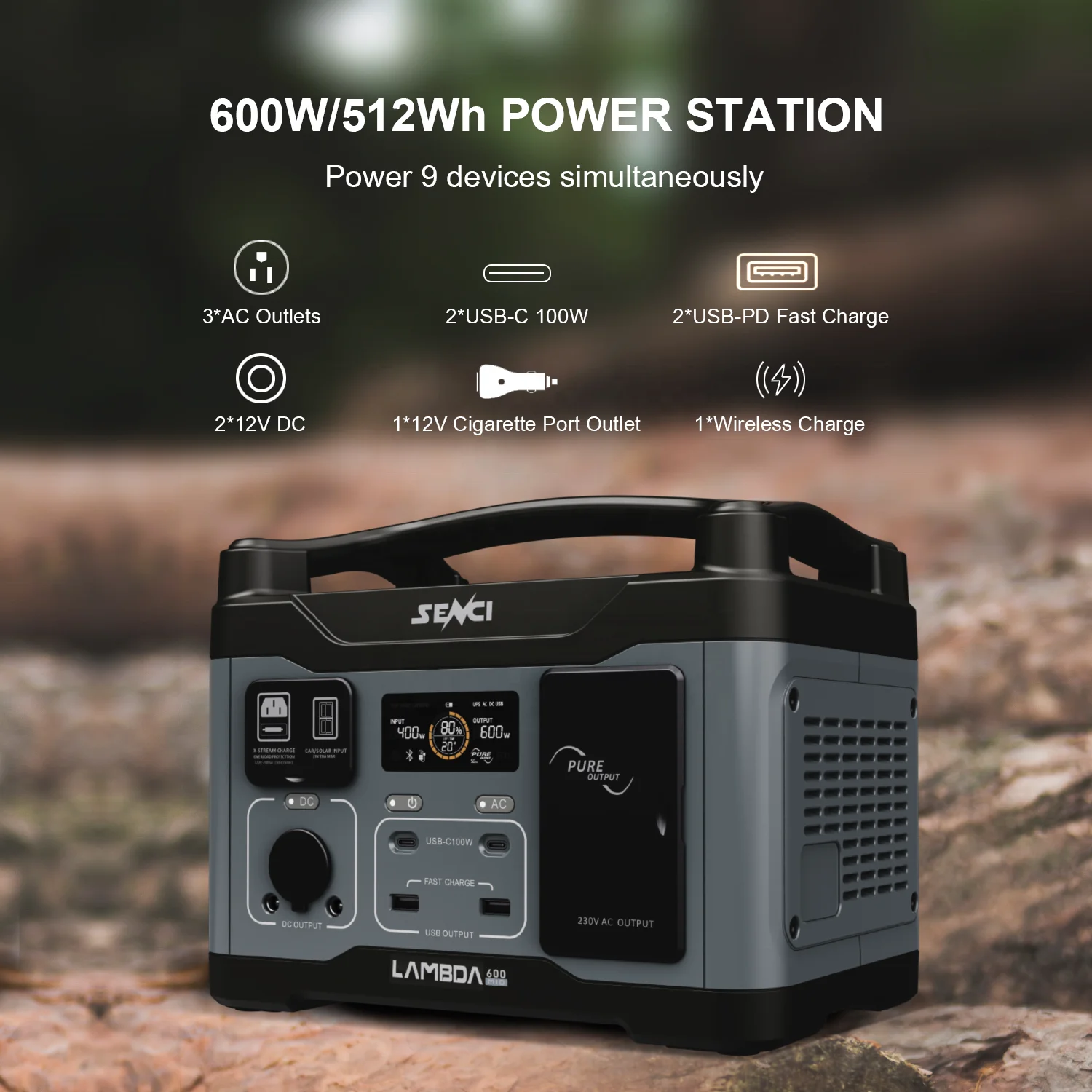 Senci Portable Outdoor Power Station 600W Rechargeable with Solar Panel Car Power Source MPPT Controller EU Plug for Europe