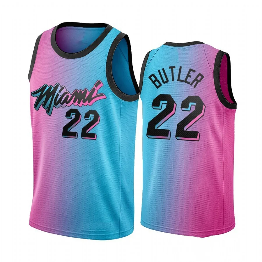  Майами City Heat Blue Pink Edition мужские футболки с вышивкой по индивидуальному заказу № 22 Джимми Батлер баскетбольные