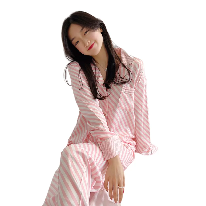 Fall Satin Two Piece Long Sleeve Sexy Pajamas For Women Set Oem Sleepwear Stripe Nightwear Women Pajamas Set