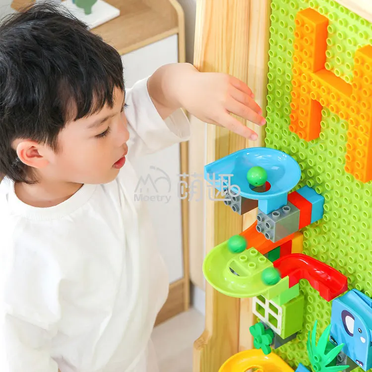 Moetry Free Standing Double Sided Wooden STEM Wall Building Block Gear Play Kids Construction Toy