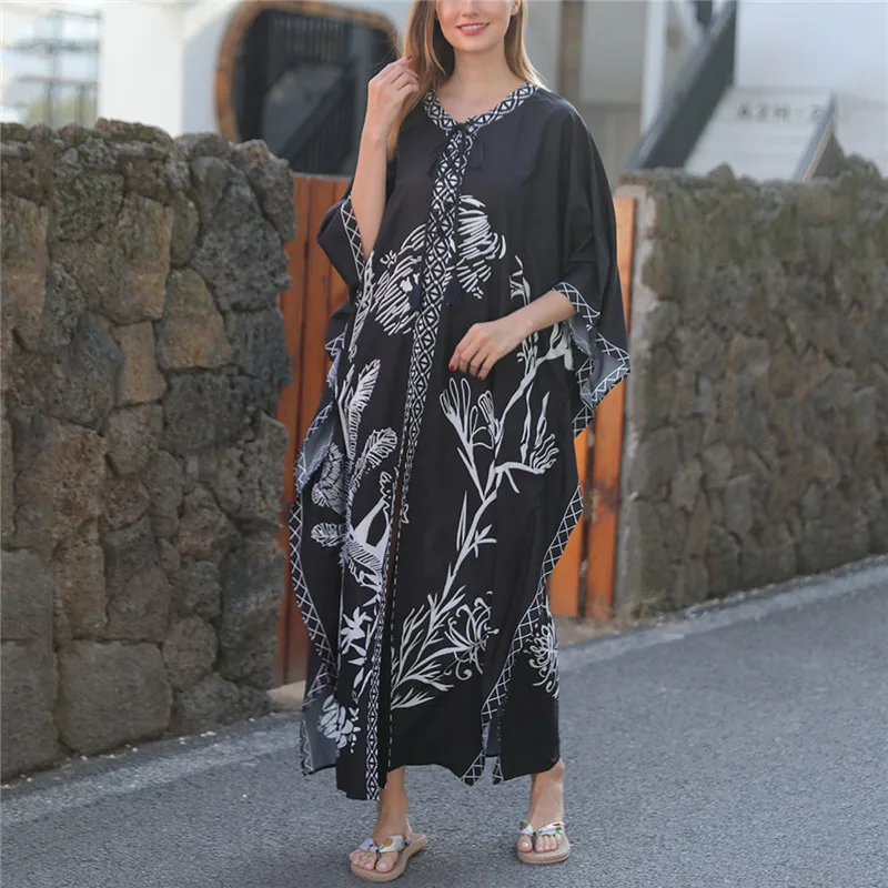 New Arrivals Floral Print Ladies Blouses Summer Women Beach Dress Viscose Black Printed Kimono Scarf