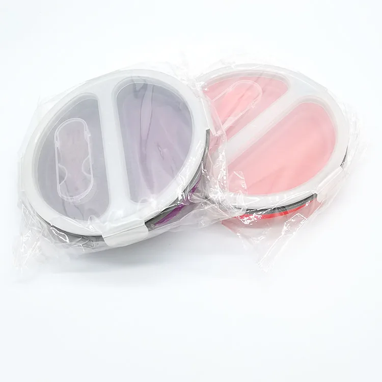 High Quality Round Silicone Collapsible Food Storage Containers Double grid Lunch Box With Plastic Spoon