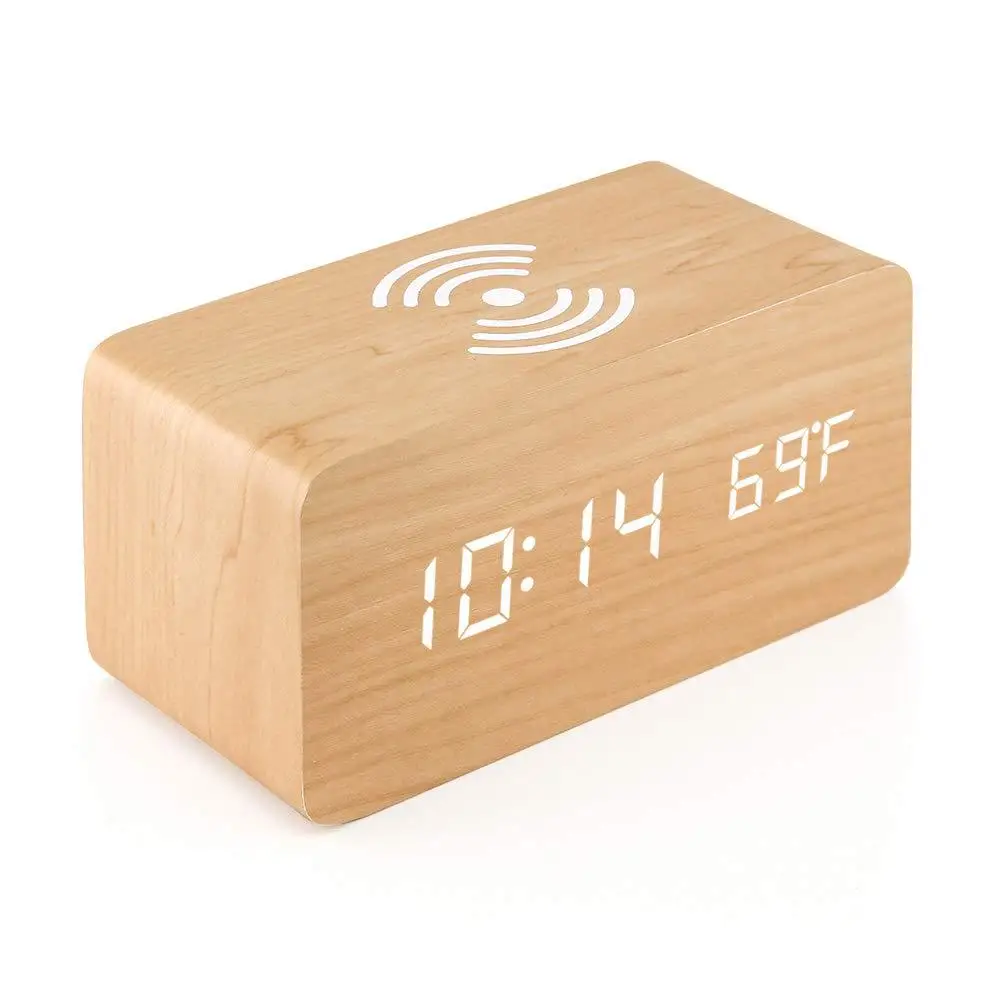 Wooden Led Alarm Clock  Wireless Charger Charging Clock  Led Usb Electronic Desk Digital Alarm Clock
