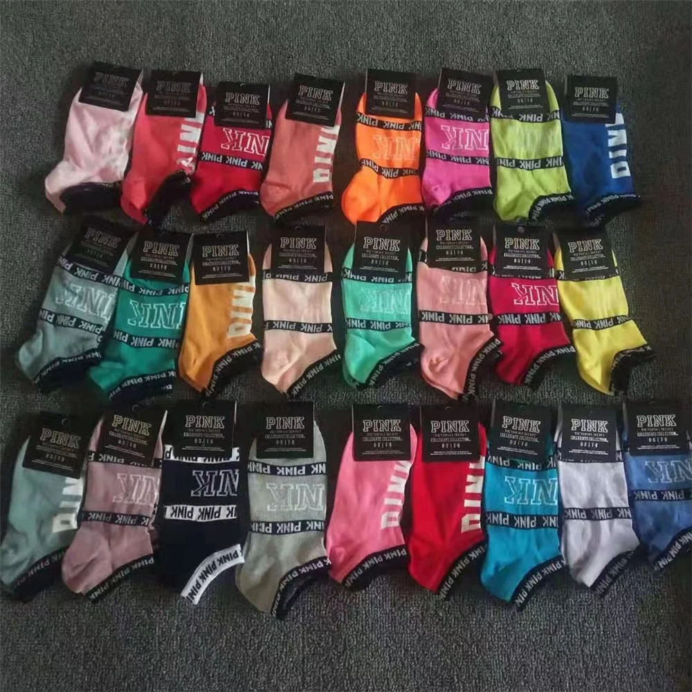 Multicolor color  Sport Cheerleaders Red pink Short Sock Girls Women Cotton Letter Skateboard Sneaker Pink Ankle Socks
