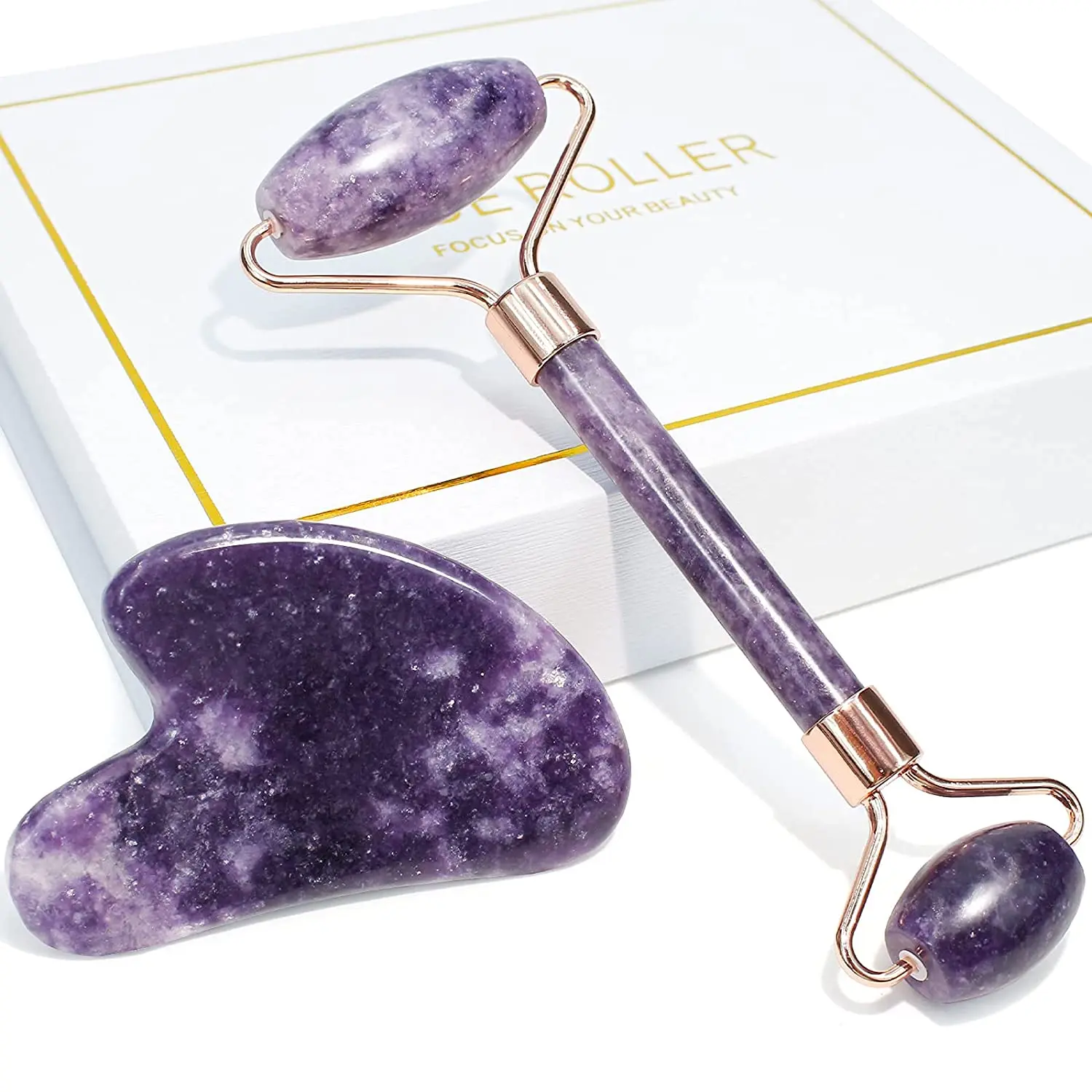 Face Jade Roller and Gua Sha Set Facial Beauty Skin Care Tool Rose Quartz Massager for Face Eyes Neck Relieve Wrinkles