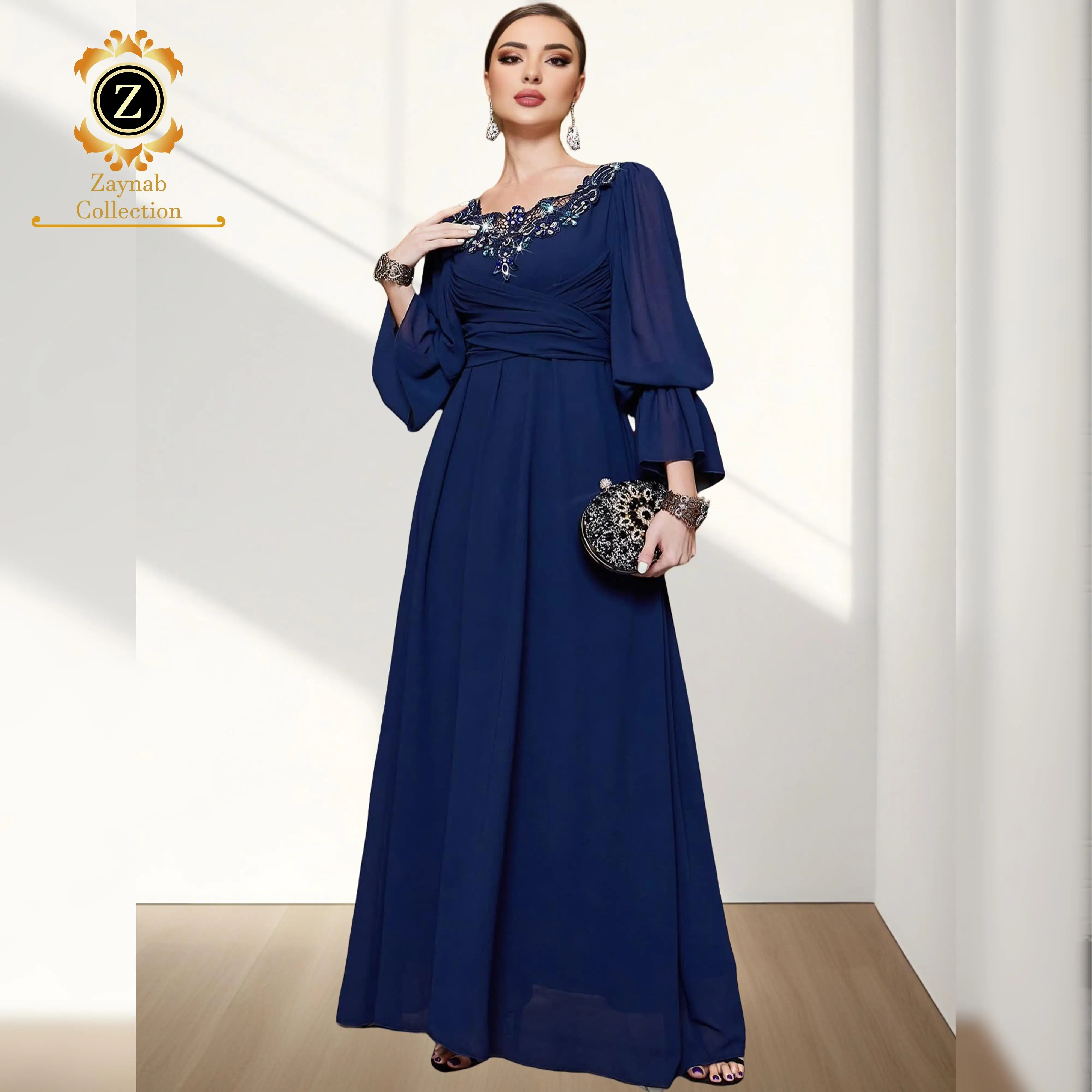 Zaynab Women Muslim Dress Dubai Kaftan Abaya Printed Fabric Women  Dress Turkey Dubai Gold Embroidered Velvet Elegant Abaya