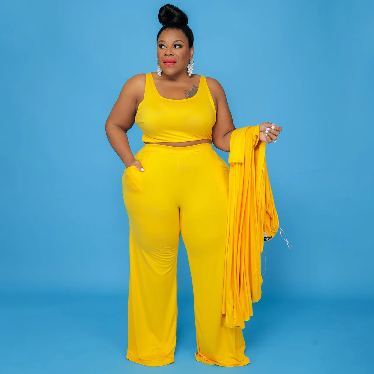 hot selling products 2024 Stylish Fashion casual  solid color plus size women clothing 3 piece sets