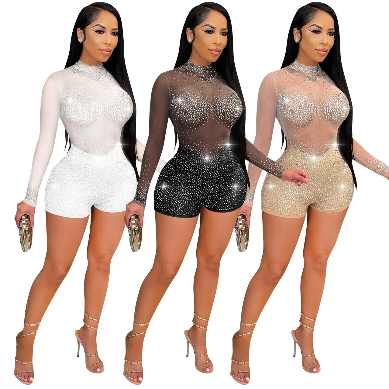 BOBOYU fall 2021 rhinestone long sleeve one piece jumpsuit sexy see through mesh sequined bodysuit women nightclub party wear