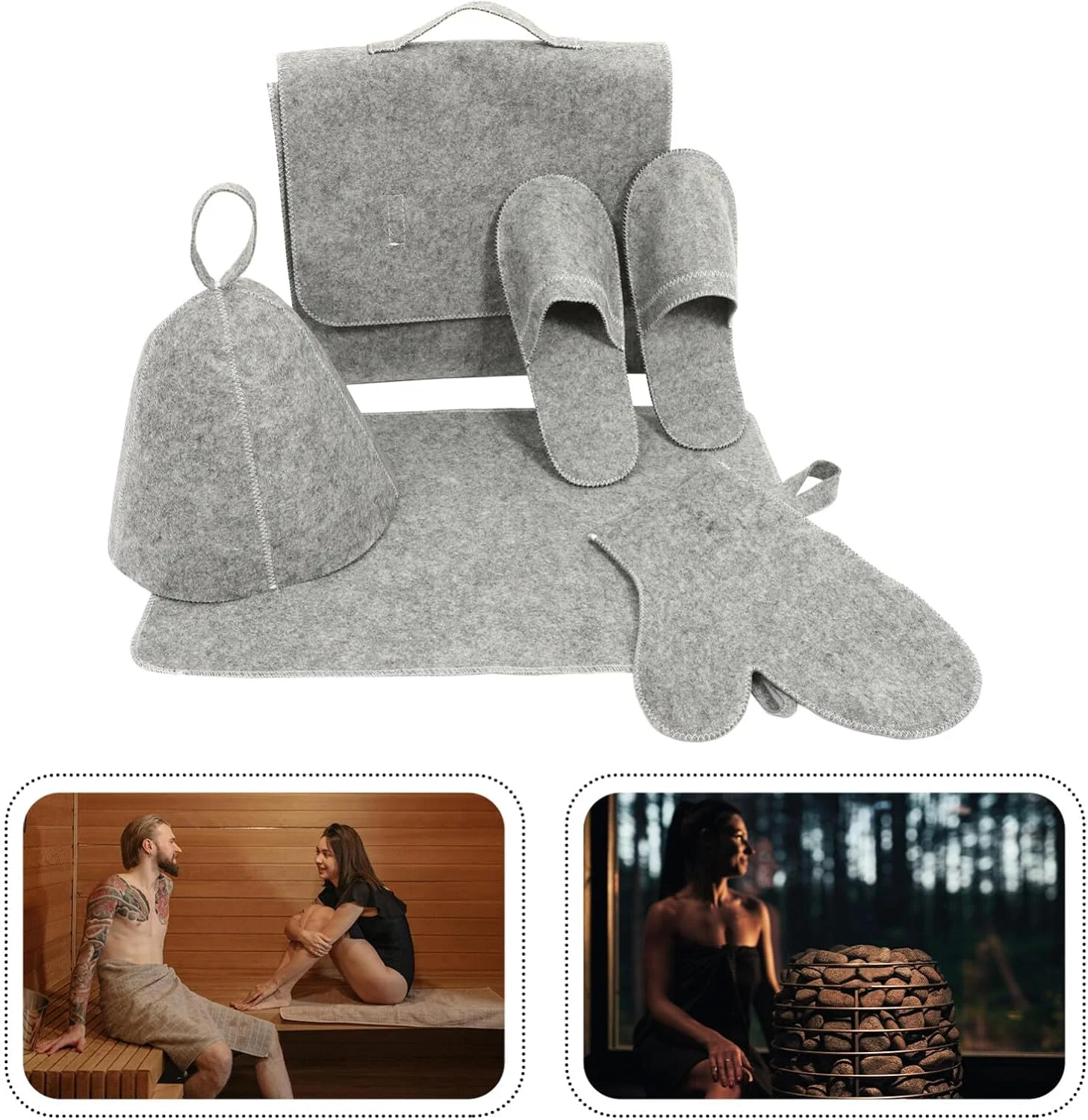 5 pieces Sauna Accessories Slippers Gloves Seat Cushion Set Felt Sauna Hat  With Storage Bag