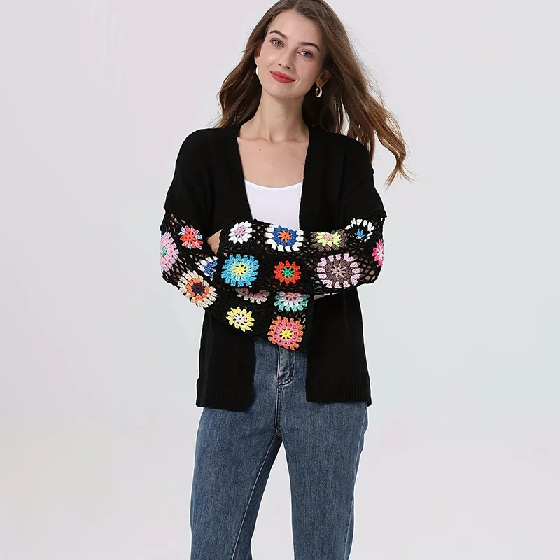 Flared Sleeve Hook Flower Cardigan Sweater For Ladies Casual Style Knit Jacquard Pattern Knitwear