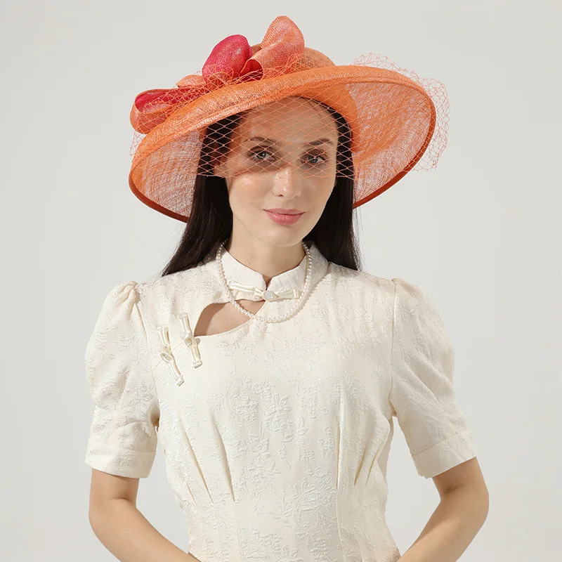 fashion chic Women orange sinamay UV protection sun hat wide brim Kentucky Derby Church wedding Party mesh veil hat