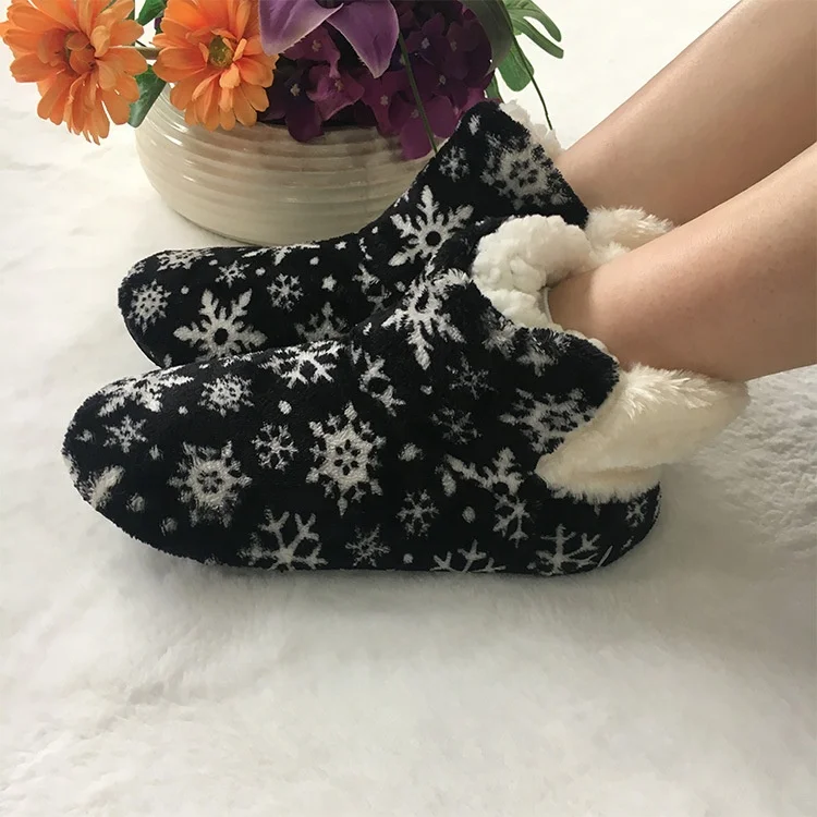 winter woman Christmas snowflake  plush fluffy fuzzy  indoor slipper boots