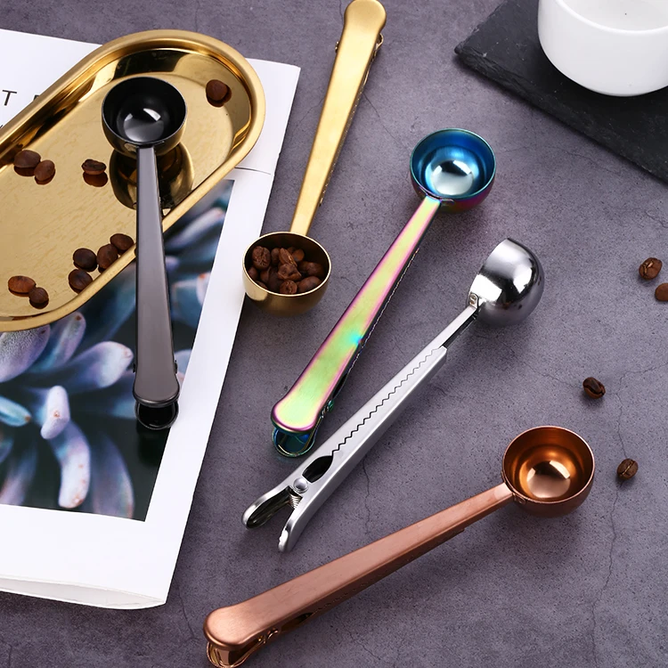 Golden Stainless Steel Tea Coffee Measuring Spoon With Bag Clip Coffee Scoop