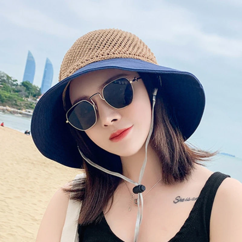 Fashion Hollow Sun Visor Hat Women Summer Crochet Straw Hat Beach Travel Floppy Bowknot Cap Folding Wide Brim Mesh Straw Hat