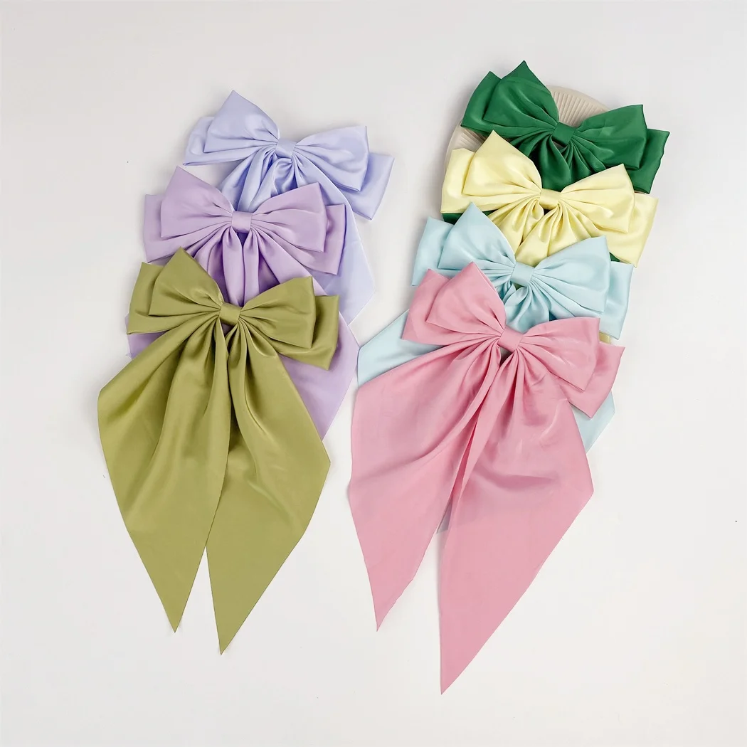 New Design Silky Satin Bow Hair Clips Long Tail Bows Clip for Girls Women Large Solid Hair Bows Hairpin