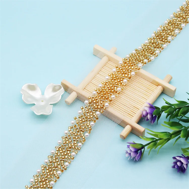 Fabric Clothes Decoration Wedding Dress Collar Pearl Beaded Lace Trim Tape Mesh Guipure Lace Embroidered Ribbon For Dresses