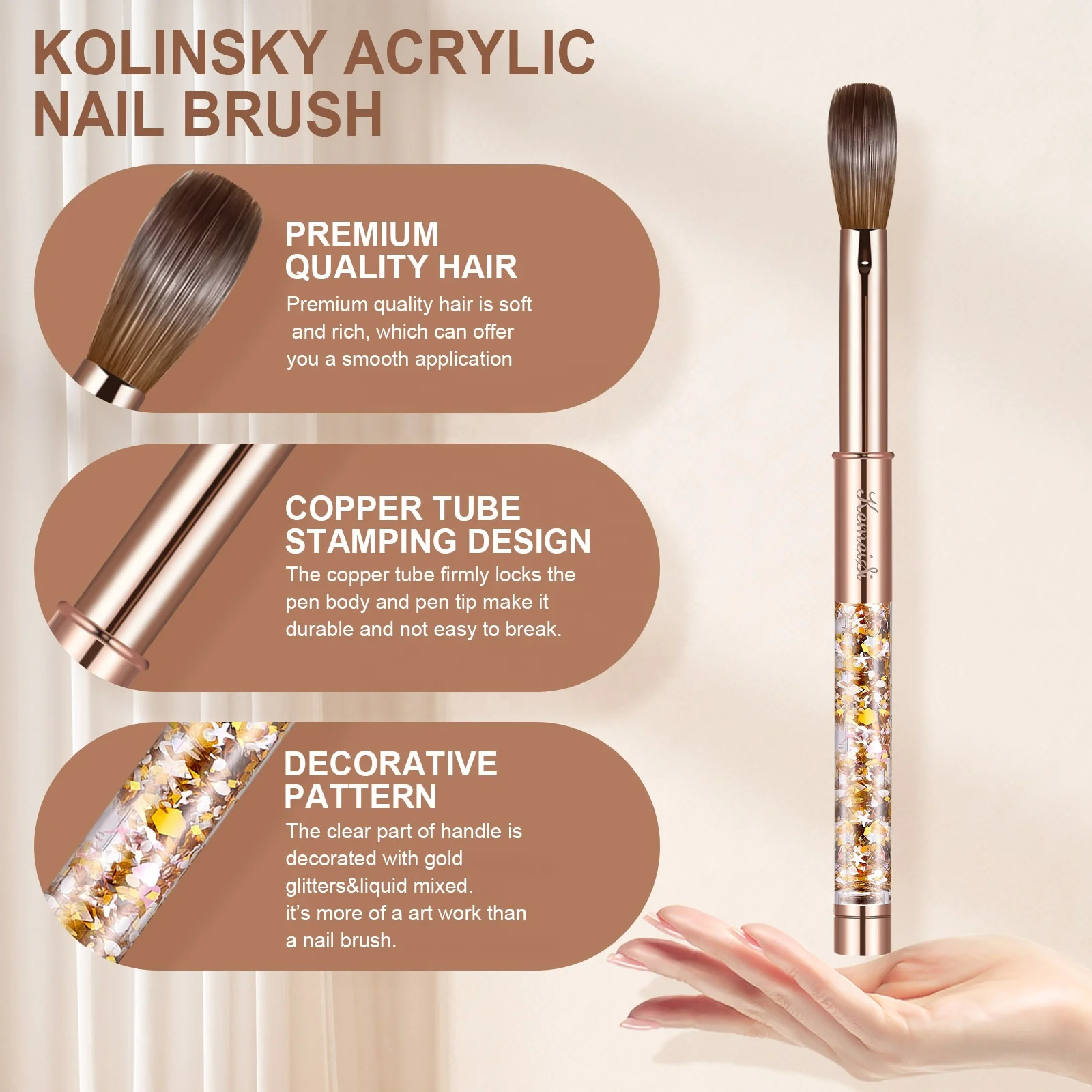 Kolinsky Nail Brushes Gold glitter Metal Handle Nail Art Manicure Tool For Acrylic Application Crimped Acrylic Brush For Nails