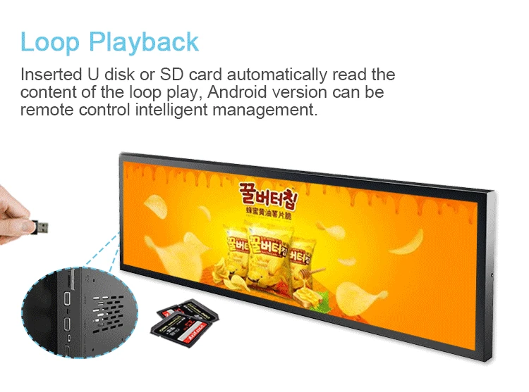 Hot Sales 23.1 Inch Stretched Bar Lcd Display Shelf Advertising Playing Equipment Digital Screen